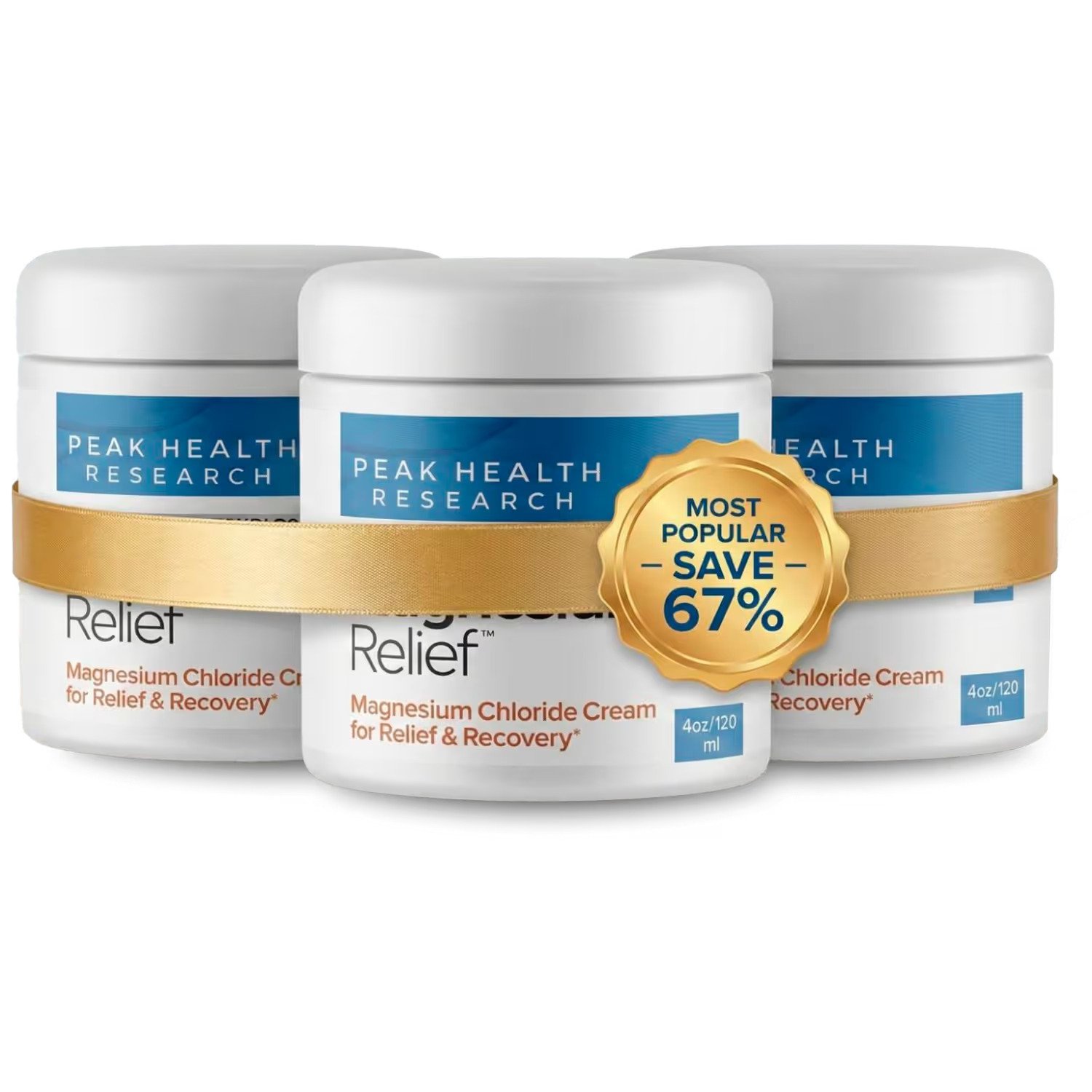 Three jars of Peak Health Research magnesium chloride cream shown in a promotional bundle